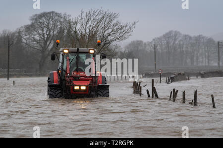 Landwirt kommend auf der A 684 in der Nähe von Hawes, North Yorkshire überflutet, wie der Fluß Ure die Ufer in der Sintflut, die durch Sturm Hannah. Stockfoto