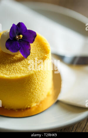 Köstliche Dessert mit Geschmack von Mango, mit violett eingerichtet Schuß schließen schließen. Dessert auf eine weiße Untertasse in einem Restaurant Stockfoto