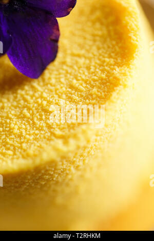 Köstliche Dessert mit Geschmack von Mango, mit violett eingerichtet Schuß schließen schließen. Dessert auf eine weiße Untertasse in einem Restaurant Stockfoto