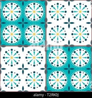 Spanischen oder portugiesischen Kacheln vector Pattern - Azulejos gefliesten nahtloses Design in Türkis und Gelb Stock Vektor