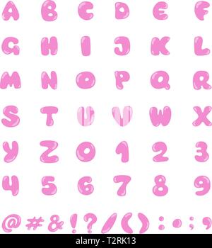 Bubble Gum font Design. Süße ABC Buchstaben und Zahlen. Stock Vektor