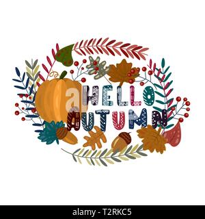 Herbst vector Hintergrund mit niedlichen Schriftzug, Kürbis, Laub. Illustration, Postkarte, Grußkarte drucken Stock Vektor
