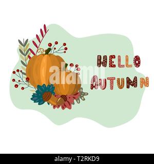 Herbst vector Hintergrund mit niedlichen Schriftzug, Kürbis, Laub. Illusrtation, Postkarte, Grußkarte drucken Stock Vektor