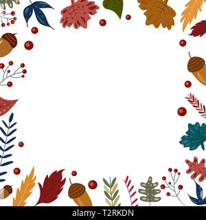Herbst Rahmen Hintergrund mit Blättern, Acorn auf Weiß. Vector Illustration Postkarte Creeting Karte Stock Vektor
