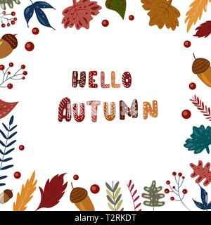 Herbst Rahmen Hintergrund mit Schriftzug, Blätter, Eicheln auf Weiß. Vector Illustration Postkarte Creeting Karte Stock Vektor