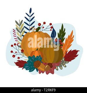 Herbst vector Hintergrund mit niedlichen Kürbis, Laub, Eicheln. Vector Illustration, Postkarte, Grußkarte drucken Stock Vektor