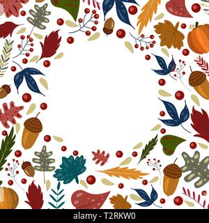 Herbst Rahmen Hintergrund mit Blättern, Acorn auf Weiß. Vector Illustration Postkarte Creeting Karte Stock Vektor