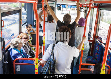 Miami Beach Florida, Metrobus, South Beach Lokal, öffentliche Verkehrsmittel, Erwachsene Erwachsene Erwachsene Frau Frauen Dame, Mann Männer männlich, sitzend stehend, haltend Stockfoto