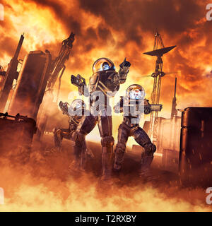 Angriff auf Arcturus/3D-Darstellung der science fiction Szene mit heroischen Space Marine Astronauten mit Laser Pulse Rifles durchlaufen Blazin Stockfoto