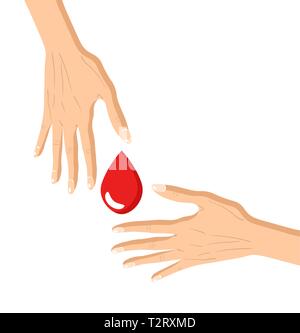 Blut auf weißen Hintergrund Spenden mit zwei Hände und ein blutstropfen Vector Illustration Stock Vektor