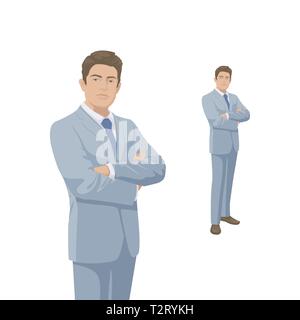 Elegante Geschäftsmann in blauen Kostüm. Chef, Manager, Unternehmer. Menschen Charakter. Portrait von voller Länge. Vorderansicht Mann. Stehende Person. Isoliert. Stock Vektor