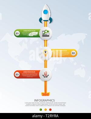 Timeline start Infografiken mit drei Kreis und Symbole Vorlage. 3D-Vektor illustration Rakete auf einem blauen Hintergrund. Für geschäftliche Zwecke genutzt, Planung Stock Vektor