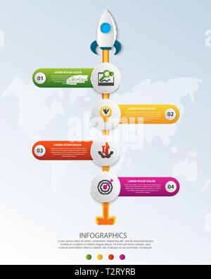Timeline start Infografiken mit vier Kreis und Symbole Vorlage. 3D-Vektor illustration Rakete auf einem blauen Hintergrund. Für Unternehmen, die Planung verwendet, st Stock Vektor