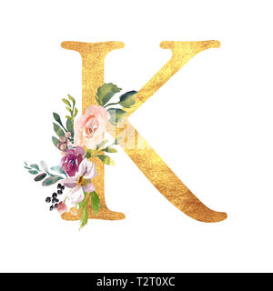 Romantische gold A mit einem gezogenen Aquarell Blumen. Elegante Emblem für Buchgestaltung, Markenname, Einladung Hochzeit dank Karte. Stockfoto