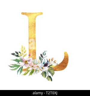 Romantische gold A mit einem gezogenen Aquarell Blumen. Elegante Emblem für Buchgestaltung, Markenname, Einladung Hochzeit dank Karte. Stockfoto