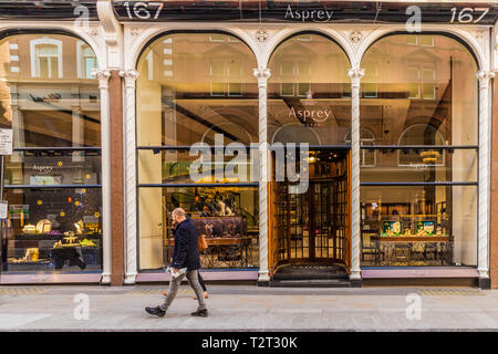 April 2019. London. Ein Blick auf die Marke Asprey Store auf der Bond Street in London. Stockfoto