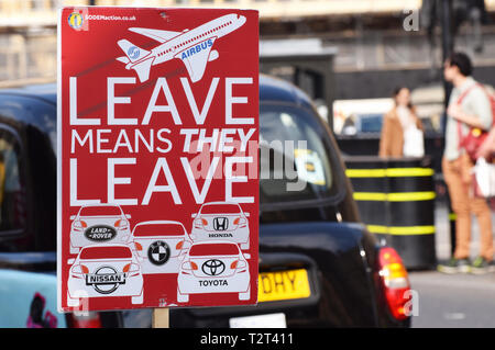 Anti Brexit anmelden Westminster London UK, die besagt, dass, wenn die britische Blätter der EU große Arbeitgeber wie Air Bus, Honda, Nissan, BMW GROSSBRITANNIEN verlassen Stockfoto