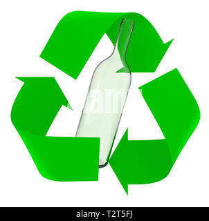 Grün Papierkorb Symbol mit Glas Flasche innen, isoliert 3 Abbildung d. Stockfoto