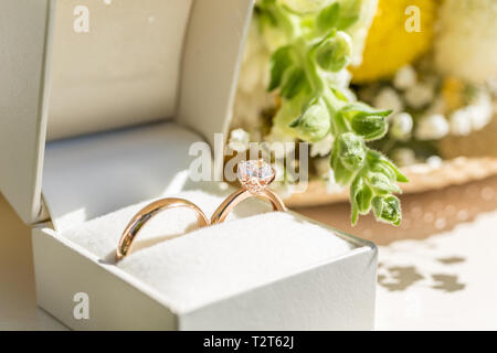 Goldene Hochzeit Ringe in ein weißes Kästchen. Blumen auf dem Hintergrund. Close Up. Stockfoto