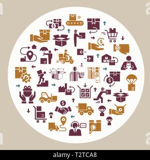 Kreisförmige Schablone Lieferung logistische im flachen Stil. Gepäck Trolley, Route, Cash, 24 Stunden, Kurzstreckenseeverkehr, Frachtcontainern, Auto Versand, Lager. Stock Vektor