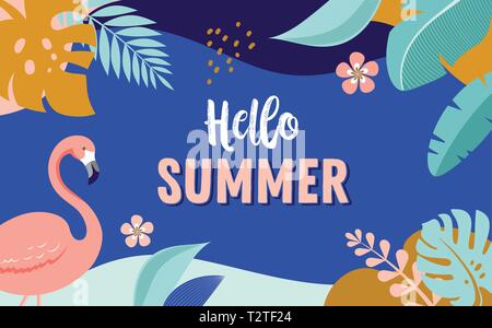 Hallo Sommer, Vektor Banner Design mit Flamingo und tropische Blätter, Hintergrund Vorlage Stock Vektor