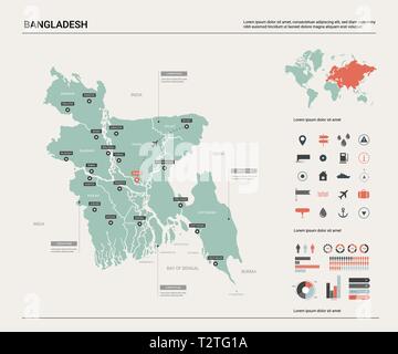 Vektorkarte von Bangladesch. Hoch detaillierte Landkarte mit Abteilung, Städten und der Hauptstadt Dhaka. Politische Landkarte, Weltkarte, infografik Elemente. Stock Vektor