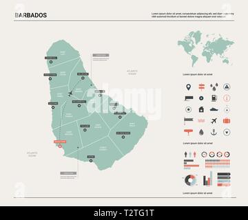 Vektor Karte von Barbados. Hoch detaillierte Landkarte mit Abteilung, Städten und der Hauptstadt Bridgetown. Politische Landkarte, Weltkarte, infografik Elemente. Stock Vektor