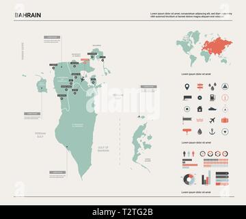 Vektorkarte von Bahrain. Hoch detaillierte Landkarte mit Abteilung, Städten und der Hauptstadt Manama. Politische Landkarte, Weltkarte, infografik Elemente. Stock Vektor