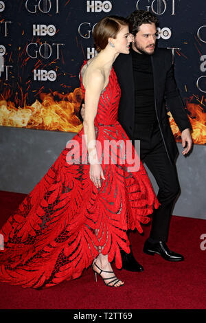 Rose Leslie und Kit Harington Teilnahme an der Weltpremiere der letzte Saison aus der HBO-TV-Serie "Game of Thrones" in der Radio City Music Hall am 3. April 2019 in New York City. Stockfoto