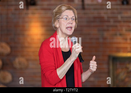 TEST Dubuque, Iowa, USA. 1. März, 2019. Massachusetts Senator Elizabeth Warren hielt eine Organisation der Kundgebung auf dem Stein Cliff Weingut in Dubuque, Iowa, USA am Freitag. Credit: Keith Turrill/Alamy leben Nachrichten Stockfoto