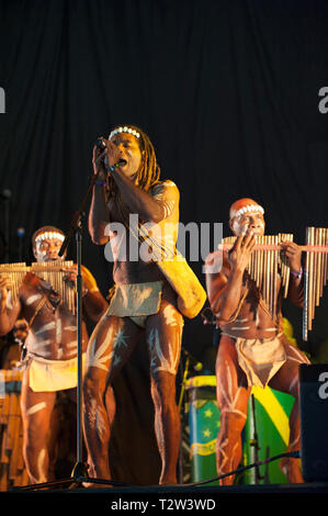 Narasirato durchführen an den WOMAD-Festival, Charlton Park, Großbritannien. Salomonen bamboo Orchestra' Stockfoto