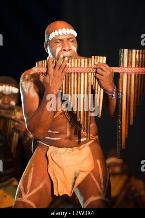 Narasirato durchführen an den WOMAD-Festival, Charlton Park, Großbritannien. Salomonen bamboo Orchestra' Stockfoto