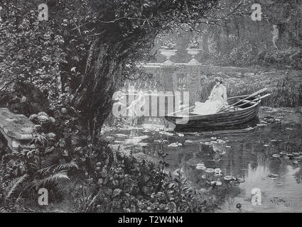 Tag Sommer, junge Dame wird durch ein Ruder boot auf einer kleinen Seerosenteich, Sommertag, junge Dame ist mit einem Ruderboot in einem kleinen Seerosenteich Stockfoto