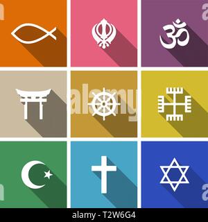 Welt religion Symbole Wohnung mit christlichen, jüdischen, Islam etc. Stock Vektor