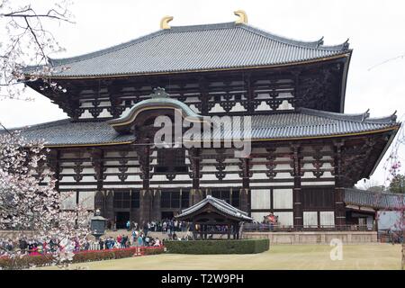 Kirschblüten und Menschenmassen vor der Todai-ji-Tempel in Nara, Japan. Stockfoto