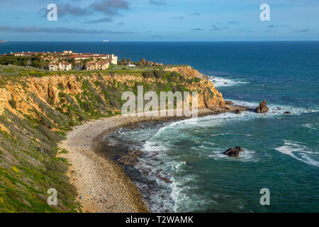 Schöne Aussicht von gelben Blumen, die steilen Pelican Cove Klippen während der Kalifornien Super Bloom von 2019 mit herrlichem cloudscape an einem sonnigen Tag Stockfoto