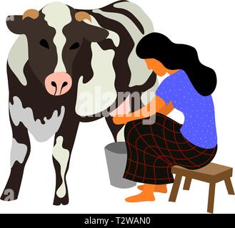 Eine Frau sitzt auf einem Stuhl und Milch eine schwarz-weisse Kuh auf einem weißen Hintergrund. Cute flach isoliert Vector Illustration Stock Vektor