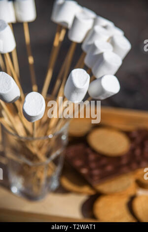 Marshmallows auf Holzstäbchen in einem Glas auf einem Tablett mit Cookies festgesteckt und Schokolade für einen Frühling Picknick Stockfoto