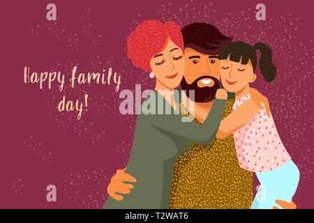 Tag der Familie. Cute Flachbild cartoon Vater, Mutter und Tochter mit Text. Horizontale Vektor illustration Stock Vektor