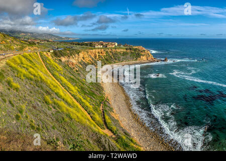 Schöne Aussicht von gelben Blumen, die steilen Pelican Cove Klippen während der Kalifornien Super Bloom von 2019 mit herrlichem cloudscape an einem sonnigen Tag Stockfoto