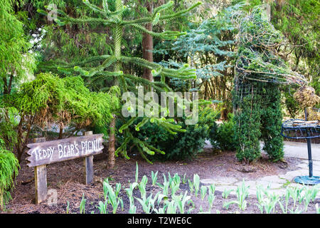 Affen-Puzzle-Bäume und Teddybären Picknick-Topiary im Bear Creek Park in Surrey, British Columbia, Kanada Stockfoto