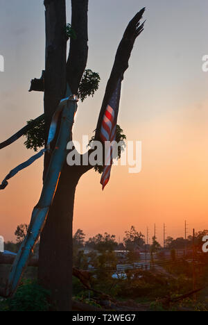 Ein Baum, in der Hälfte vom 27. April tornado aufgeschnappt, steht vor einem schwer beschädigten Nachbarschaft, 26. Juli, in Tuscaloosa, Alabama, 2011. Stockfoto