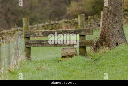 Eine hölzerne Stil mit einem Stein Schritt auf einem Wanderweg in Yorkshire, England Stockfoto