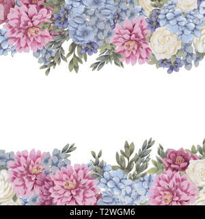 Florale für Design Save the date Karten, Einladungen, Plakate und Geburtstag Dekoration. Federrahmen hand auf weißem Hintergrund gemalt. Rosa Chrysa Stockfoto