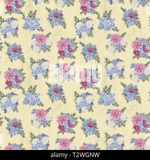 Vintage Floral nahtlose Muster. Hand - rosa gezeichnet, blaue und weiße Blüten und Blätter für Gewebe. Zarte Farben Stockfoto
