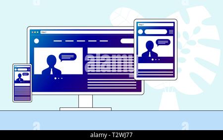 Responsive adaptive Web Design. Website öffnen auf verschiedenen Geräten. Computer PC Monitor, Tablet, Smartphone mobile. Flache minimalistischen modernen digitalen Ve Stock Vektor