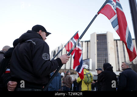 Sofia, Bulgarien - 16. Februar 2019: Mitglieder und Anhänger der nationalistischen Organisationen in Lukovmarch Prozession teilnehmen - eine im März in commemorati Stockfoto