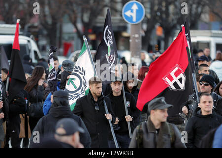 Sofia, Bulgarien - 16. Februar 2019: Mitglieder und Anhänger der nationalistischen Organisationen in Lukovmarch Prozession teilnehmen - eine im März in commemorati Stockfoto