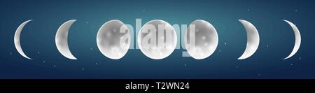 Mondphasen im Sternenhimmel Vector Illustration auf eine sternenklare Nacht ky Hintergrund Stock Vektor
