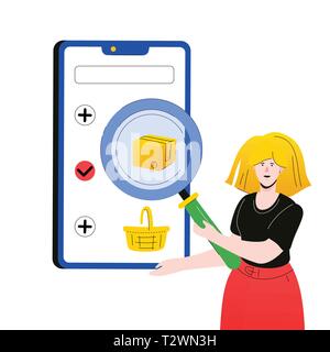 Online Shopping - moderne und farbenfrohe flache Design Stil Abbildung auf weißen Hintergrund. Eine Komposition mit einem Mädchen mit Lupe, auf der Suche nach einer Stock Vektor